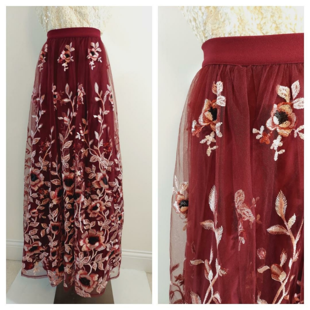 Embroidered floral Trixxi Maxi skirt tulle underskirt David Bridal garden party